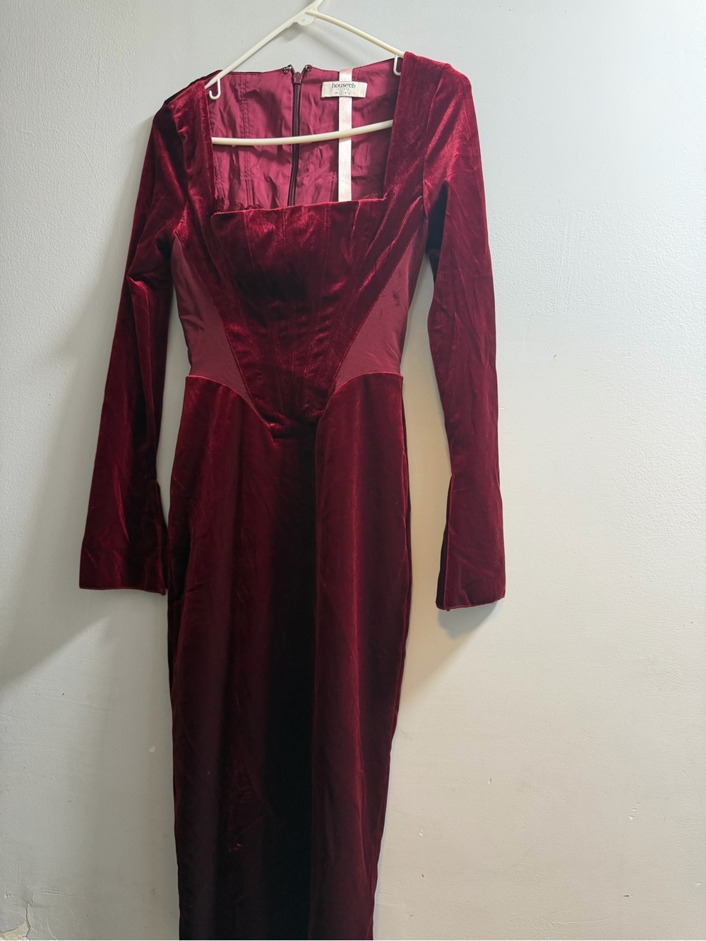 House of CB Deep Wine Velvet Square-Neck Long Sleeve Dress